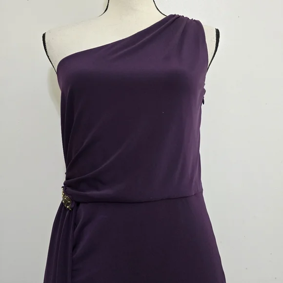 CALVIN KLEIN size 6 Stretch Zip Ruched One Shoulder Embellished Dress Purple - Picture 2 of 16